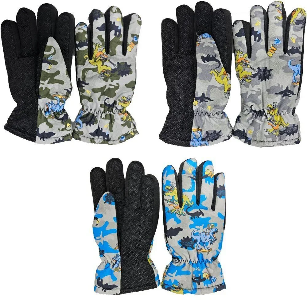 Kids Winter Gloves Boys Girls Ski Glove Faux Fur Lined Dinosaur Designs, 3-Pairs